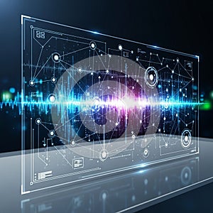 Futuristic digital interface with glowing blue and pink elements on a