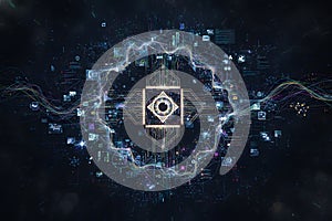 Futuristic digital interface with glowing central core, abstract data streams, dark tech background, concept of