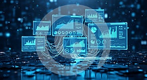 Futuristic digital interface with glowing charts and data streams