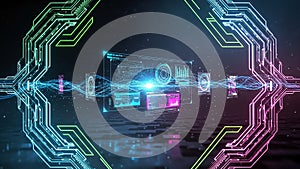 Futuristic digital interface with glowing circuit board elements and data streams technology