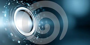 Futuristic digital interface with glowing circular elements and light effects on dark blue background, technology concept with