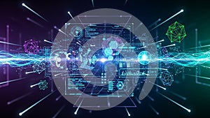 Futuristic digital interface with glowing data streams and geometric shapes emanating light technology