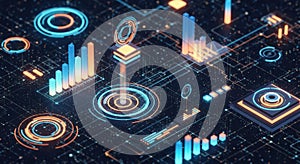 Futuristic digital interface with glowing data visualizations and abstract technology elements isolated on white background