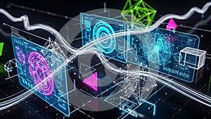 Futuristic Digital Interface with Glowing Data Visualizations and Geometric Shapes technology