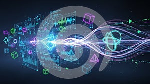 Futuristic digital interface with glowing geometric shapes and data streams technology analytics