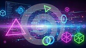 Futuristic digital interface with glowing geometric shapes and data streams technology