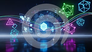 Futuristic digital interface with glowing geometric shapes and data streams technology