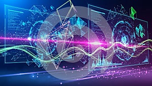 Futuristic digital interface with glowing geometric shapes and data streams technology