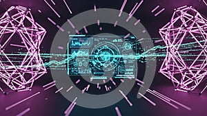 Futuristic digital interface with glowing geometric shapes and data streams technology