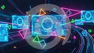 Futuristic digital interface with glowing geometric shapes and data streams technology