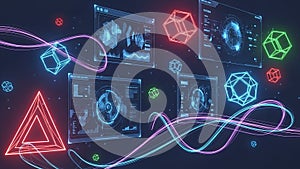 Futuristic digital interface with glowing geometric shapes and data visualizations technology