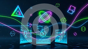 Futuristic Digital Interface with Glowing Geometric Shapes and Data Visualizations technology