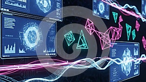 Futuristic digital interface with glowing geometric shapes and data visualizations technology