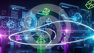Futuristic digital interface with glowing geometric shapes and data visualizations technology