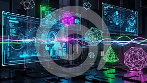 Futuristic digital interface with glowing geometric shapes and data visualizations technology
