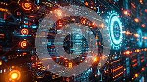 Futuristic digital interface with glowing neon elements, representing advanced technology and data analysis in a high-tech
