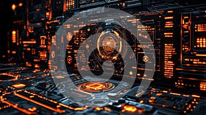 Futuristic Digital Interface with Glowing Orange Elements and Data Visualization Concepts