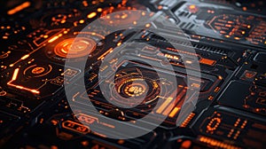Futuristic Technology Interface with HUD Elements and Glowing Orange Light