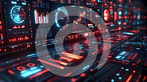 Futuristic digital interface with glowing red and blue graphs, charts, and data displays, representing advanced