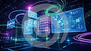 Futuristic digital interface with glowing screens and data visualizations in a dark, high-tech environment