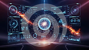Futuristic digital interface with glowing sphere and data visualizations on screen