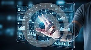 Futuristic digital interface with hand interacting with data visualizations