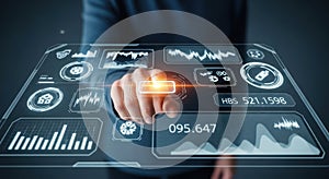 Futuristic digital interface hand interacting with glowing touchscreen technology data display