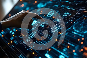 Futuristic digital interface hand interaction glowing blue and orange technology concept