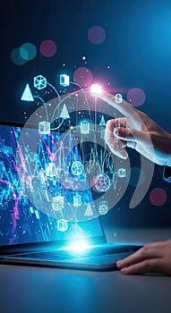 Futuristic digital interface with hand interaction and glowing data streams