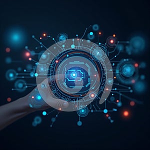 Futuristic digital interface with hand interaction and glowing orb