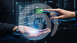 Futuristic digital interface with hands interacting with data and approve button technology