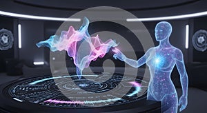 Futuristic digital interface with holographic data visualization