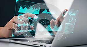 Futuristic digital interface holographic display computer technology person using interactive screen