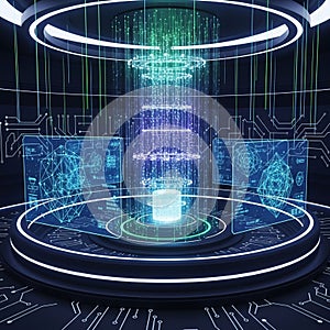 Room or virtual environment emphasizing advanced technology and