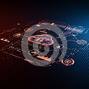 Futuristic digital interface with holographic elements depicting cloud computing