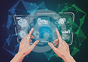 Futuristic digital interface with holographic elements depicting