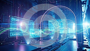 Futuristic Digital Interface with Holographic Screens and Data Streams in a Sci- Fi Environment