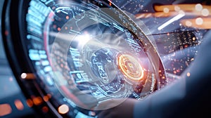 Futuristic digital interface with holographic technology and data visualization for innovation and cybersecurity