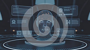 Futuristic digital interface with human face and data visualization elements