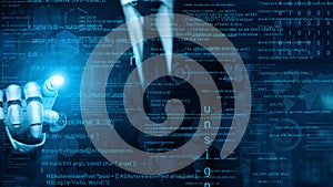 Futuristic digital interface with a human hand interacting with glowing code and data, symbolizing technology