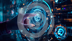 Futuristic Digital Interface with Human Hand Interacting with Virtual Technology Screen