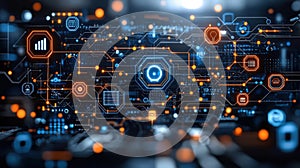 Futuristic Digital Interface with Icons and Data Visualization Elements in Dark Environment