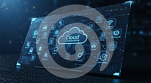 Futuristic digital interface illustrating cloud computing networks. A central cloud icon
