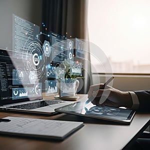 Futuristic digital interface on laptop and tablet with hand interacting with data visualizations showing technology and analytics