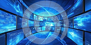 Futuristic digital interface with multiple screens displaying data and technology visuals