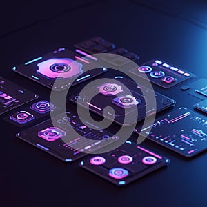 Futuristic digital interface with multiple square and rectangular panels displaying