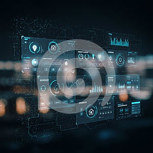 Futuristic digital interface with multiple transparent data panels and graphs. Icons and