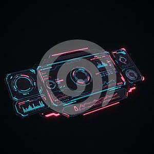 Futuristic digital interface with neon blue and pink elements on a dark background.