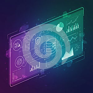 Futuristic digital interface with neon colors displaying data analytics charts and