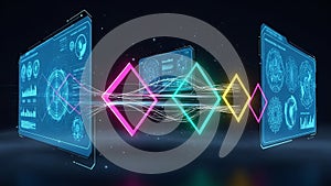 Futuristic Digital Interface with Neon Geometric Shapes and Data Streams technology